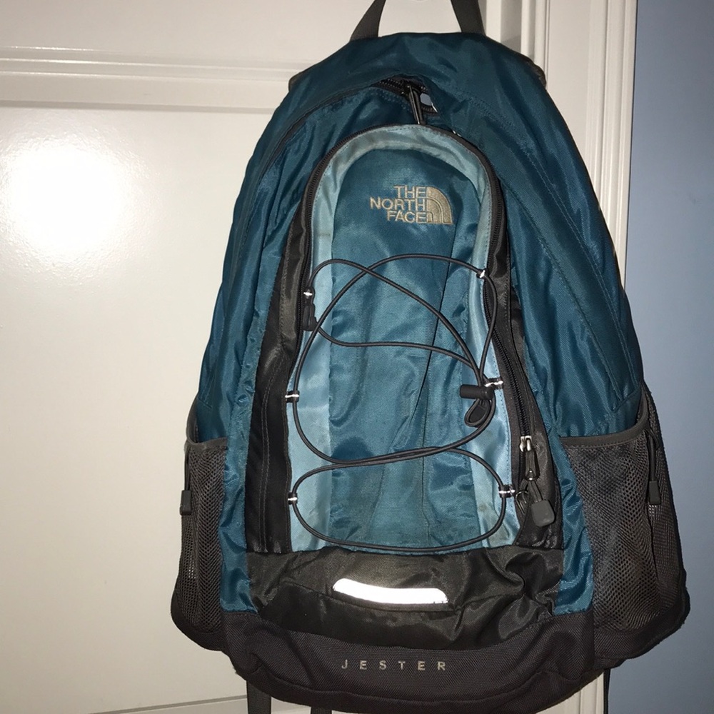 Blue and grey North Face backpack.